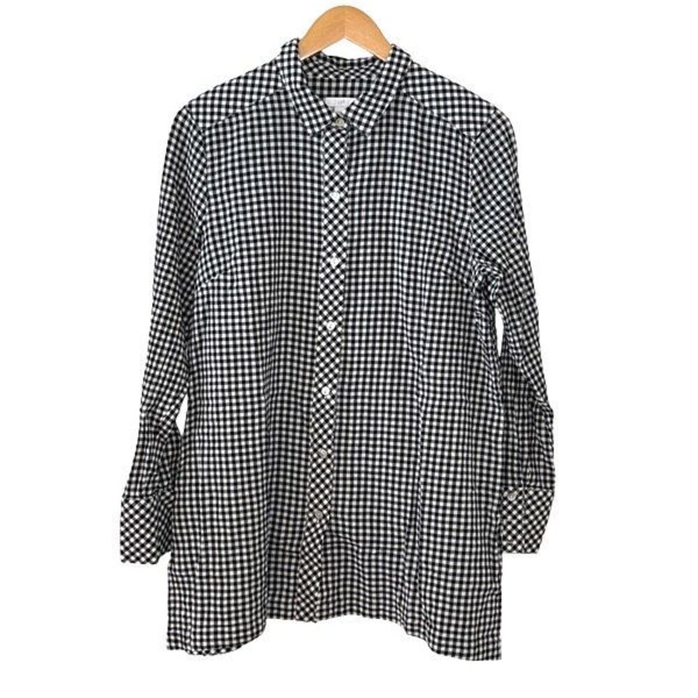 J. Jill Womens Gingham Collared Long‎ Sleeve Button Up Shirt Black White Medium